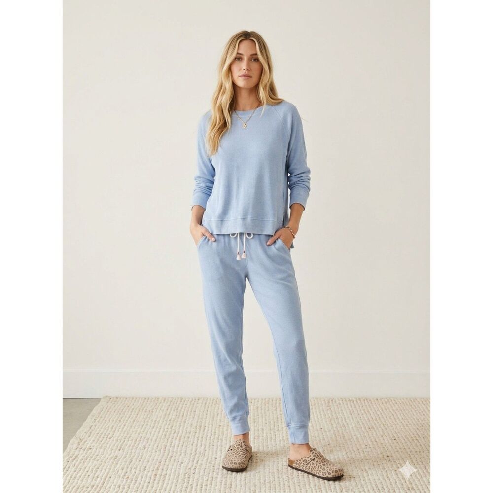 Sunnyside by Sundry Blue Waffle Knit Top Pants Lounge Set Women's Size M